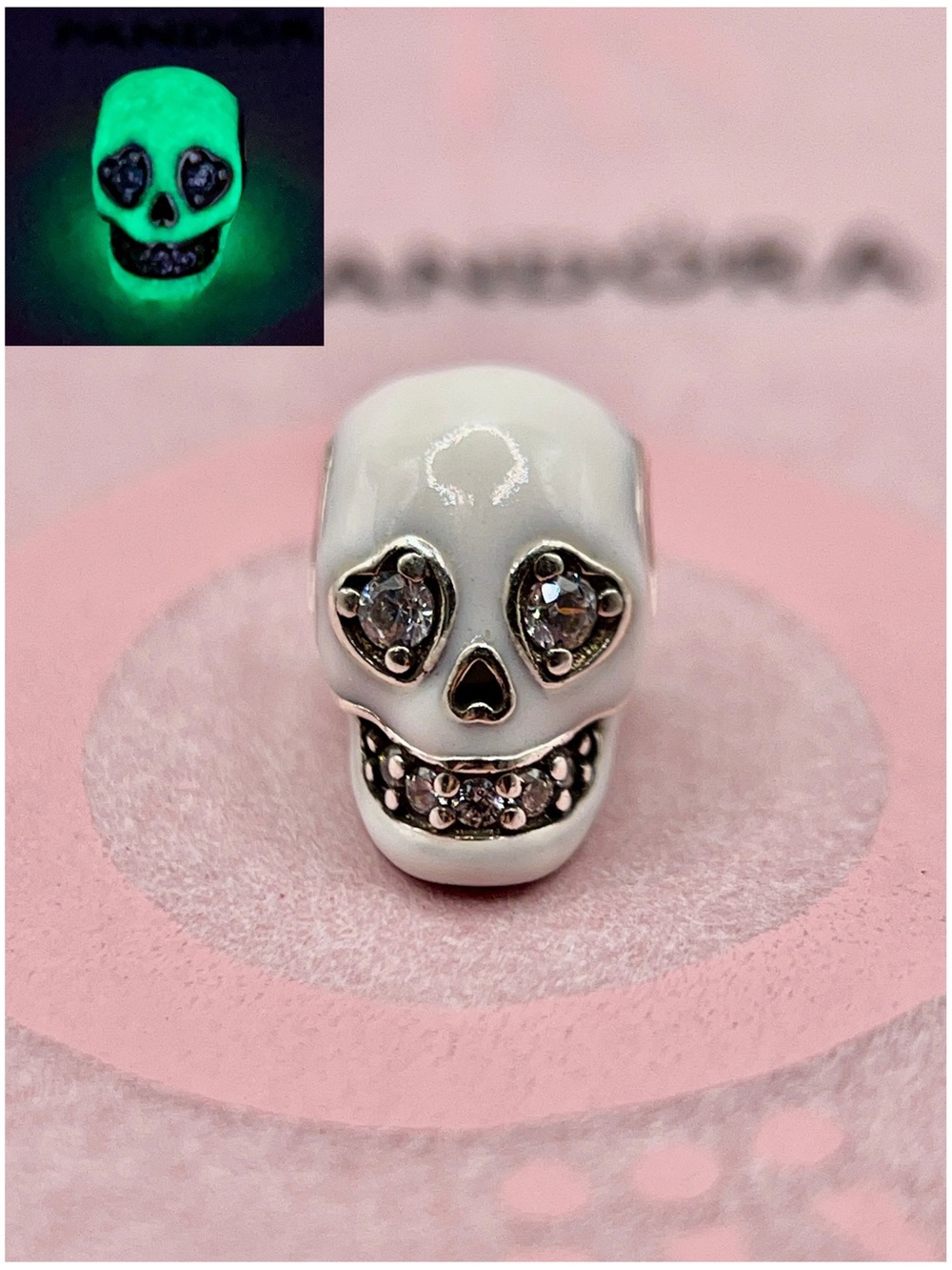 Pandora Glow In The Dark Skull Enamel Heart Eye Cubic Zirconia Charm - Picture 1 of 10